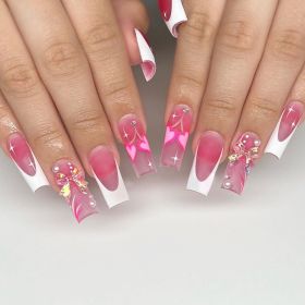 Wear A Piece Long Aurora Bow Pearl Rhinestone White French Edge Fake Nails (Option: Jelly Glue Rubbing Terms)